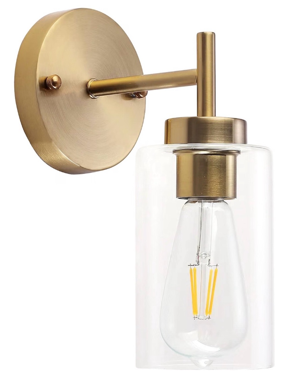 New in Box Brushed Brass Champagne Gold Wall Sconce with Clear Glass Shade